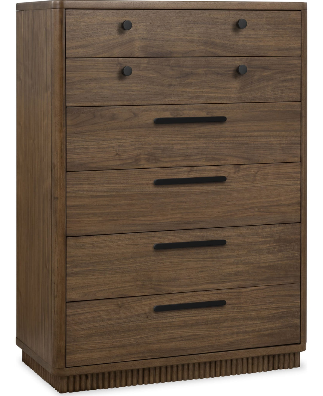 Ravelle Six Drawer Chest in Walnut Grove — on a white background