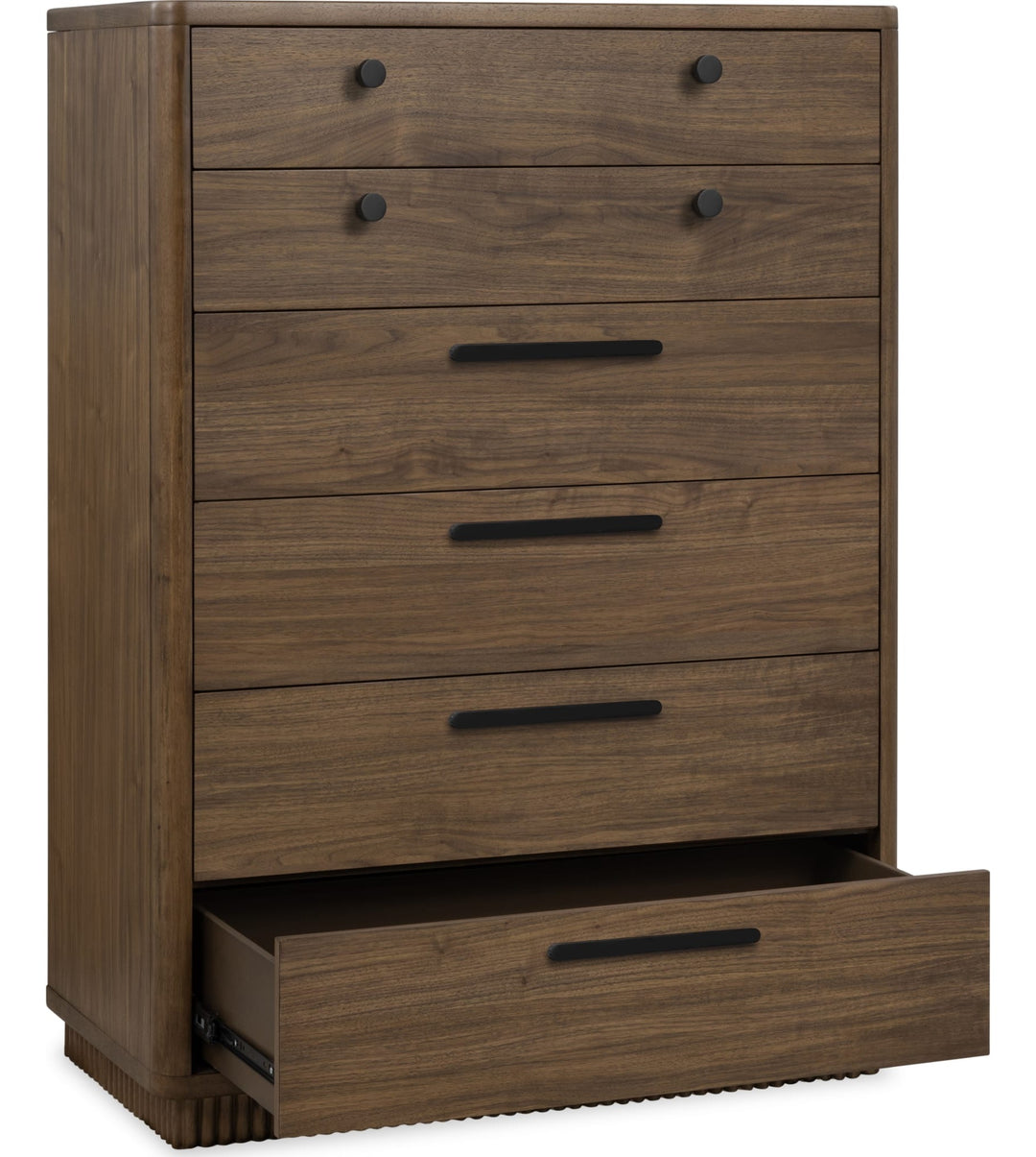 Ravelle Six Drawer Chest in Walnut Grove — with drawers open