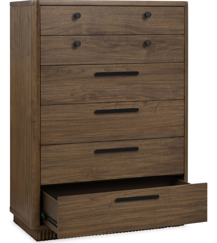 Ravelle Six Drawer Chest in Walnut Grove — with drawers open