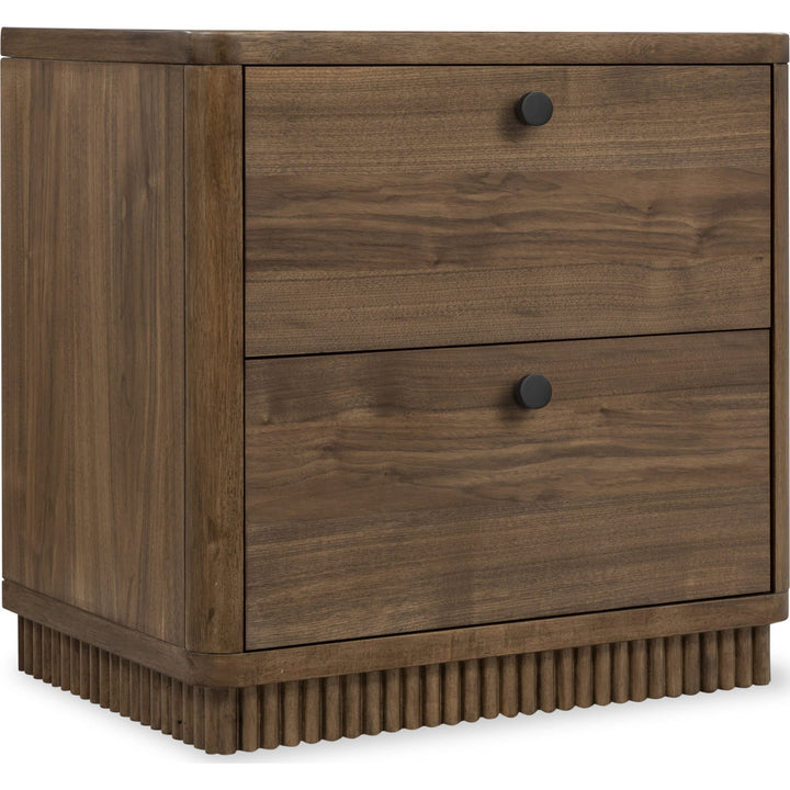 Ravelle Two Drawer Nightstand in Walnut Grove — on a white background
