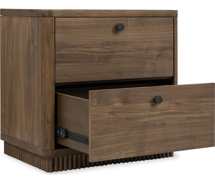 Ravelle Two Drawer Nightstand in Walnut Grove — with drawers open