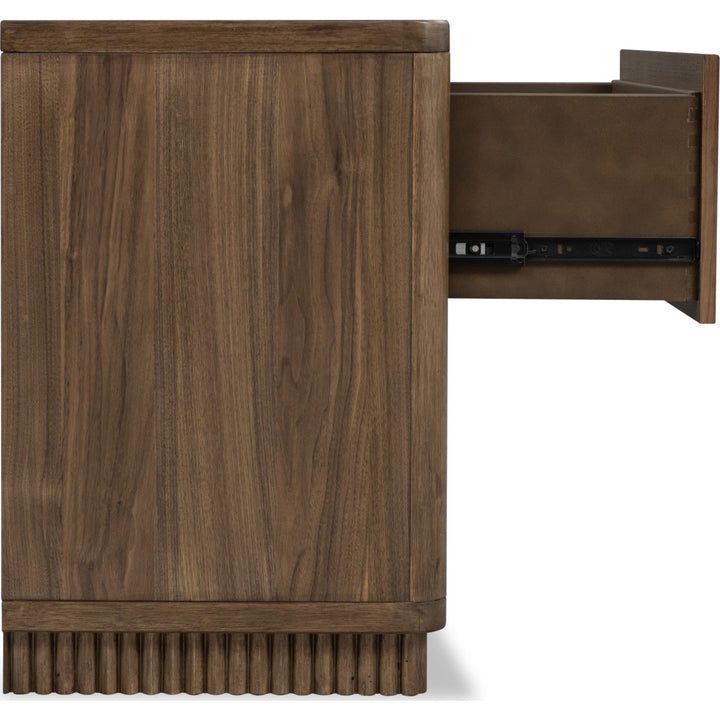 Ravelle Two Drawer Nightstand in Walnut Grove — with drawers open
