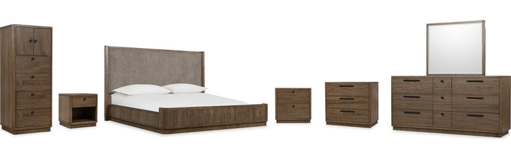 Ravelle Two Drawer Nightstand in Walnut Grove — shown with the matching bedroom group (sold separately)