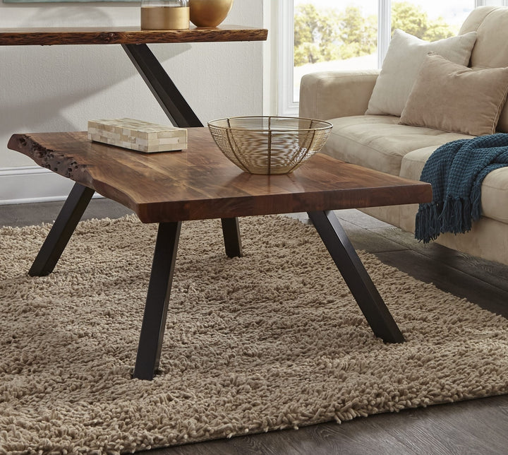 Reese Live Edge Solid Wood Coffee Table in Natural Acacia — lifestyle photo