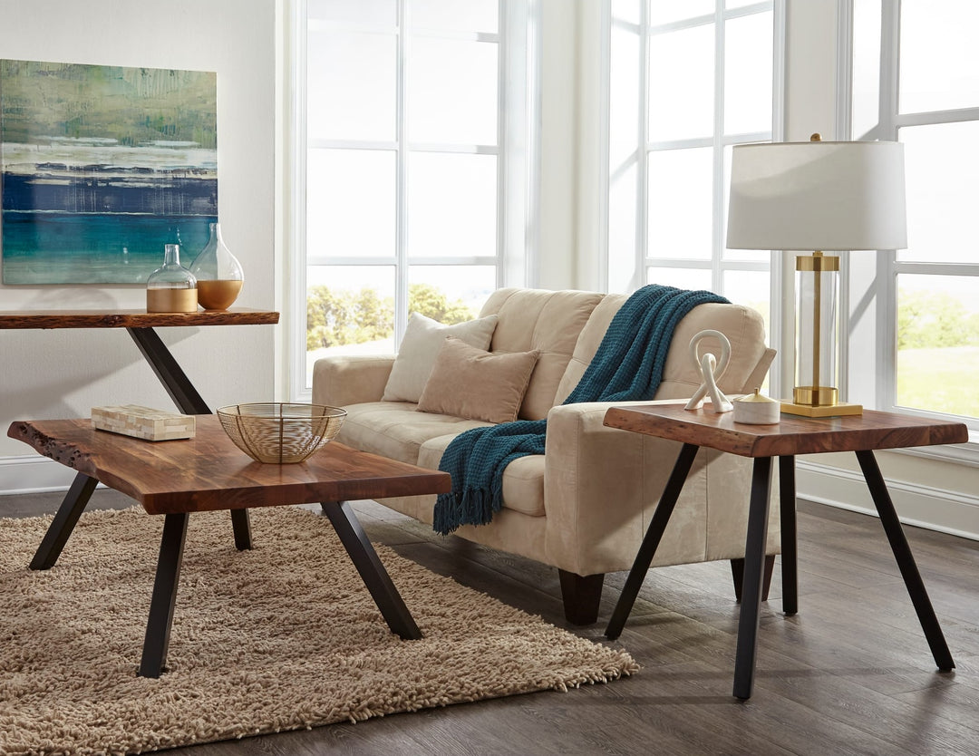 Reese Live Edge Solid Wood Coffee Table in Natural Acacia — lifestyle photo