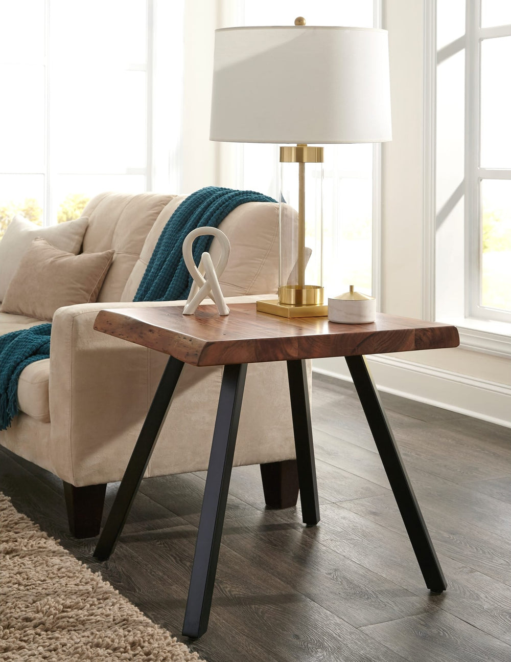Reese Live Edge Solid Wood End Table in Natural Acacia — lifestyle photo