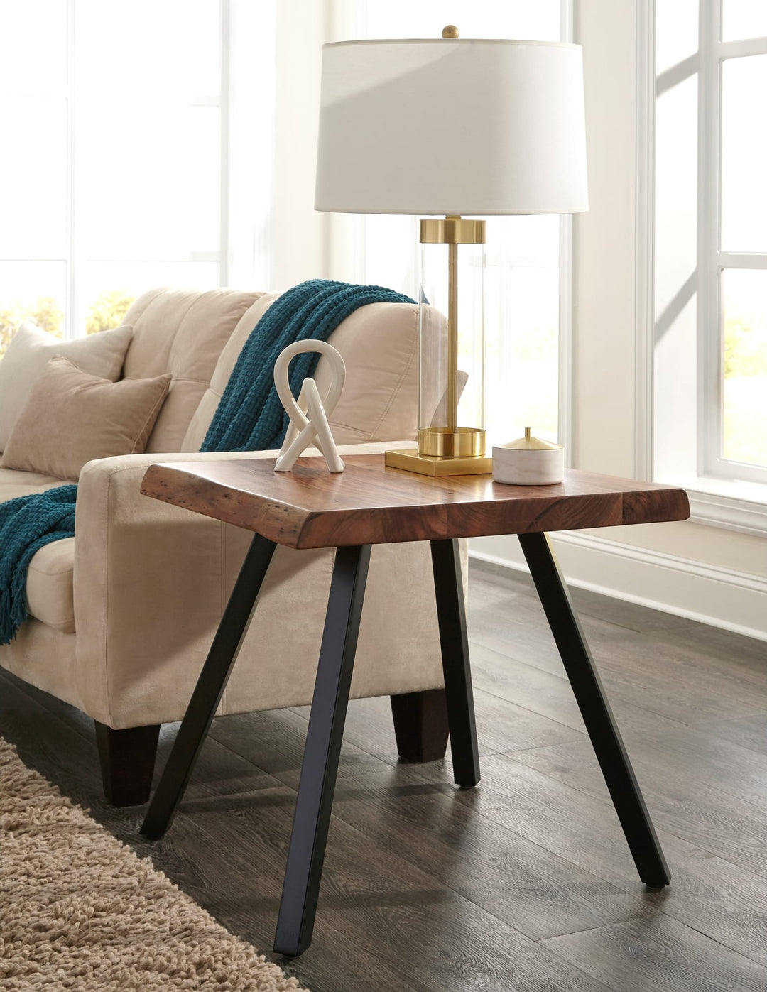 Reese Live Edge Solid Wood End Table in Natural Acacia — lifestyle photo