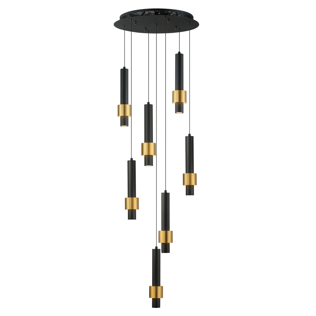 Reveal 7-Light LED Pendant by ET2 Lighting in Black / Gold, front view