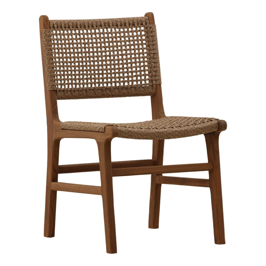 Delmar Wicker and Teak Outdoor Dining Chair, Light Brown Rustic, three-quarter studio view