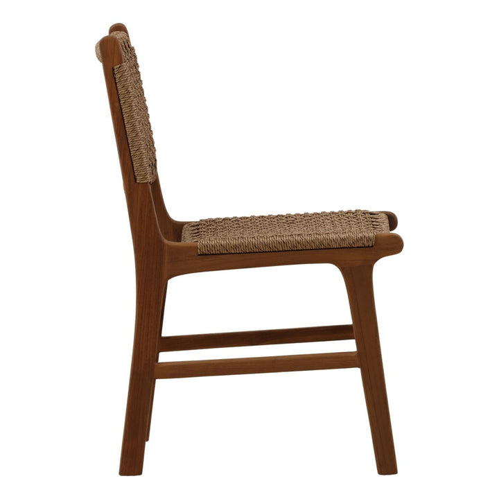Delmar Wicker and Teak Outdoor Dining Chair, Light Brown Rustic, profile view