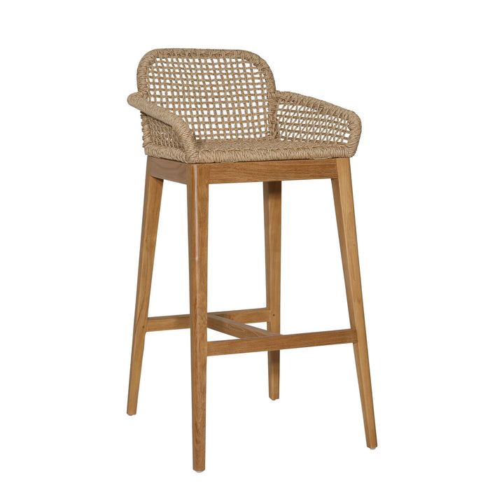 Audelle Woven Teak Outdoor Bar Stool, three-quarter studio view