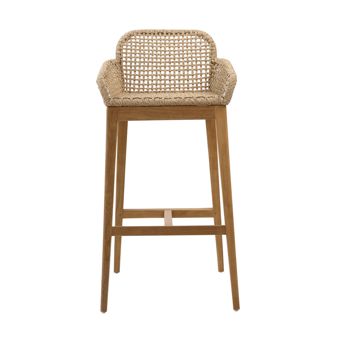 Audelle Woven Teak Outdoor Bar Stool, front view