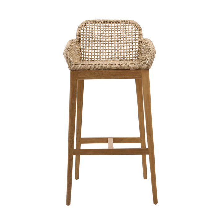 Audelle Woven Teak Outdoor Bar Stool, front view