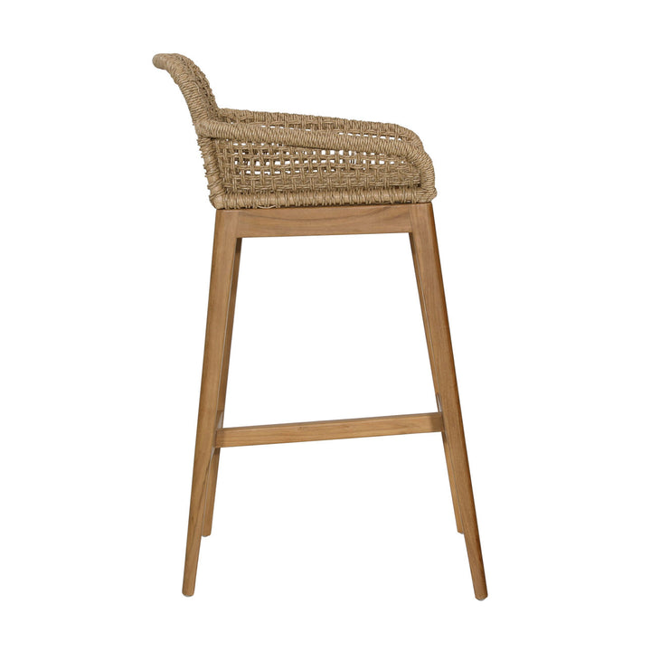 Audelle Woven Teak Outdoor Bar Stool, profile view