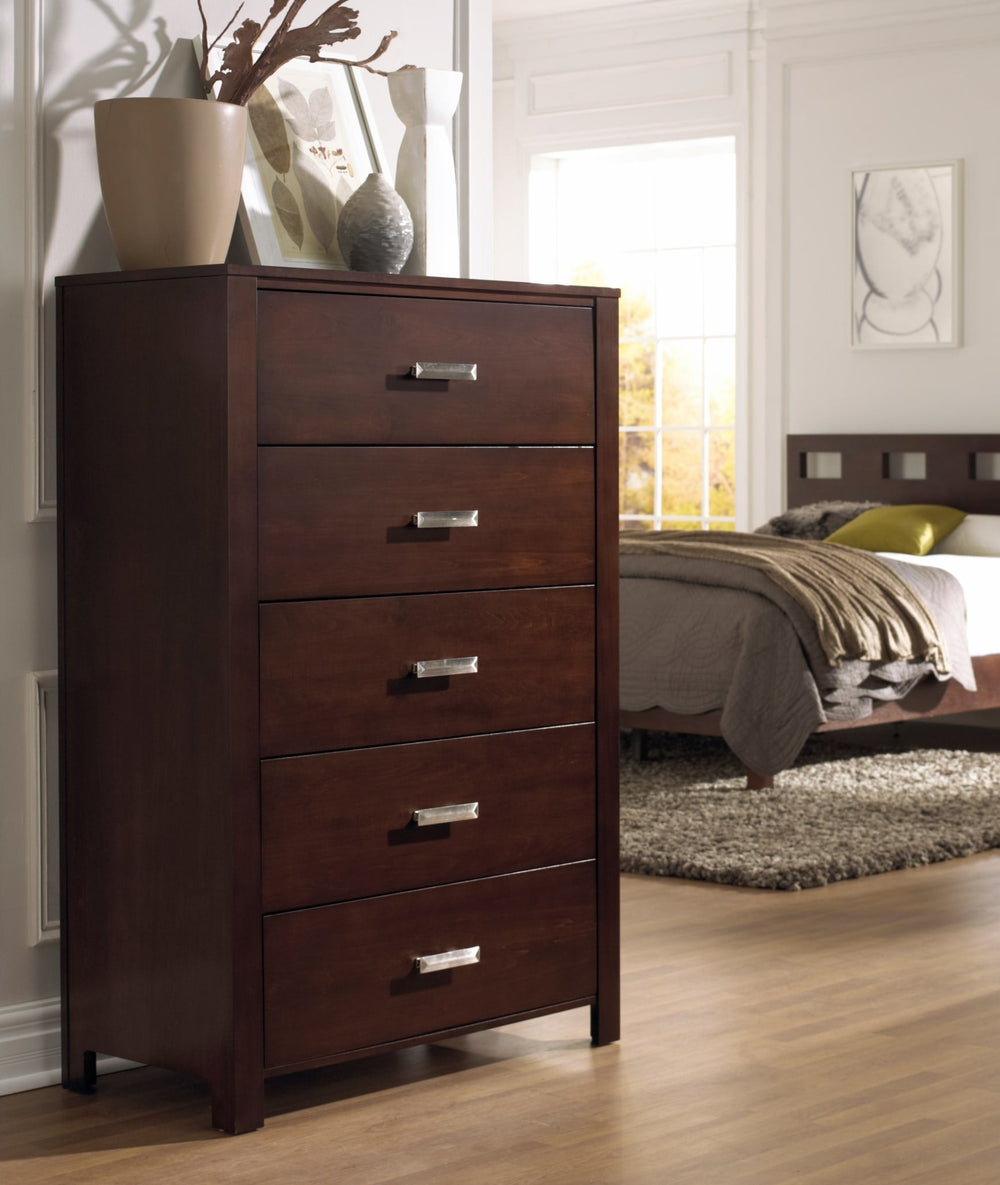 Riva Five Drawer Chest in Chocolate Brown — styled in a room