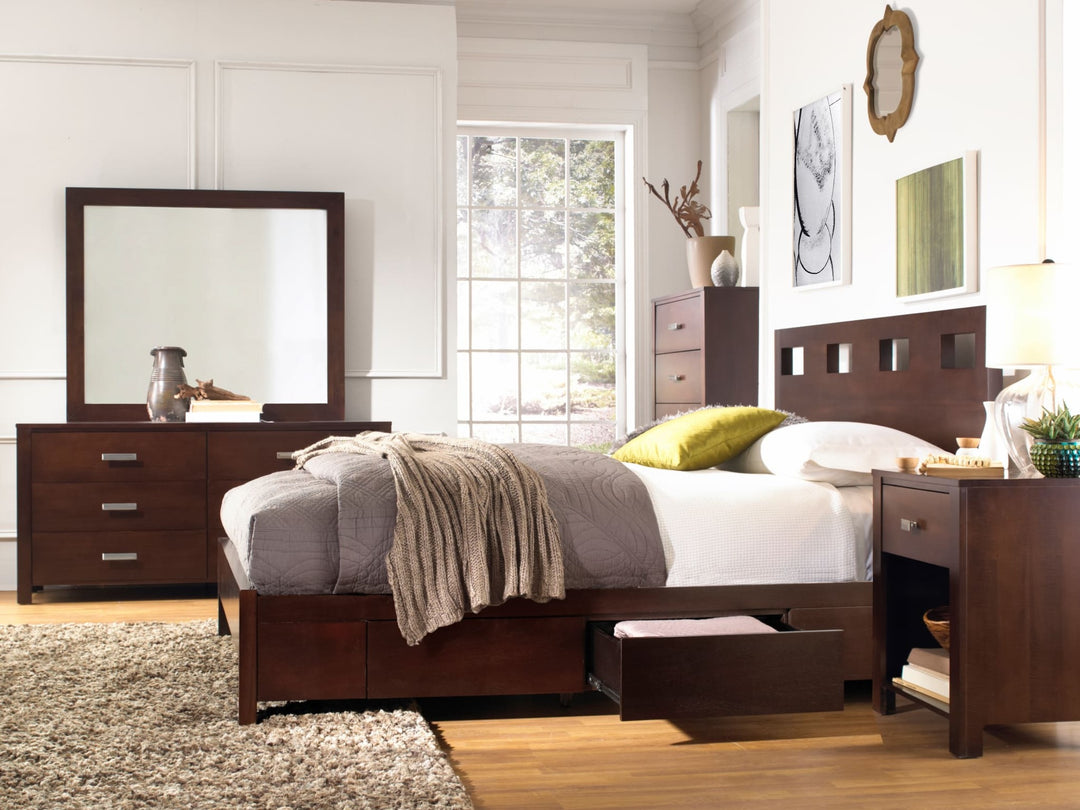 Riva Five Drawer Chest in Chocolate Brown — in a bedroom setting