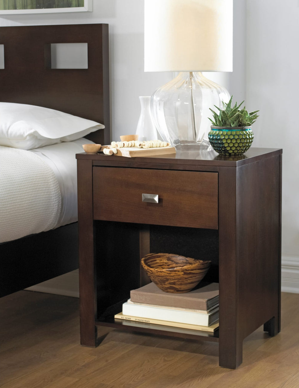 Riva One Drawer Nightstand in Chocolate Brown — in a bedroom setting