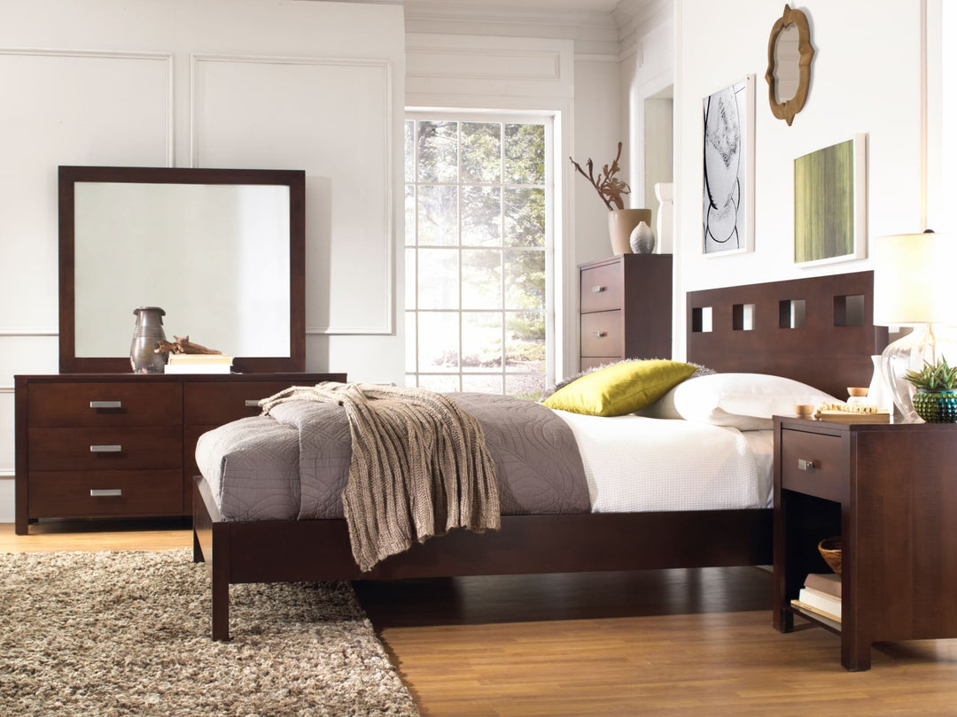 Riva One Drawer Nightstand in Chocolate Brown — in a bedroom setting
