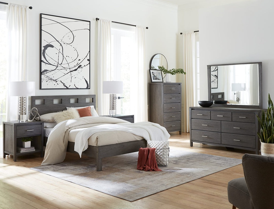 Riva Wood Bed in Sharkskin styled in a bedroom