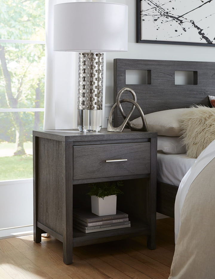 Riva Wood Bed in Sharkskin styled in a bedroom