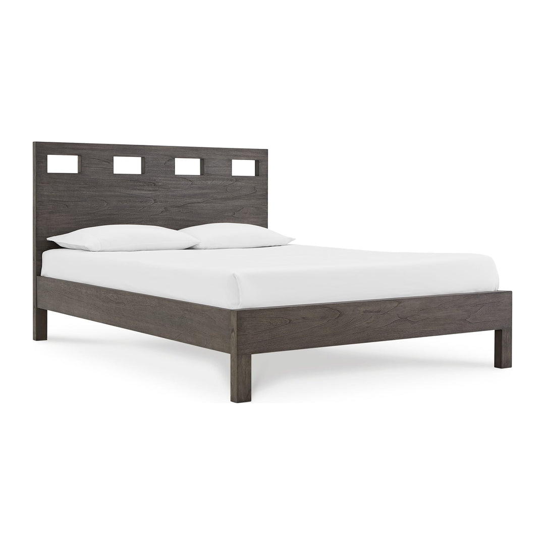 Riva Wood Bed by Modus in Sharkskin — white background, angled view