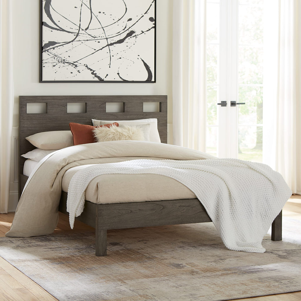 Riva Wood Bed in Sharkskin styled in a bedroom