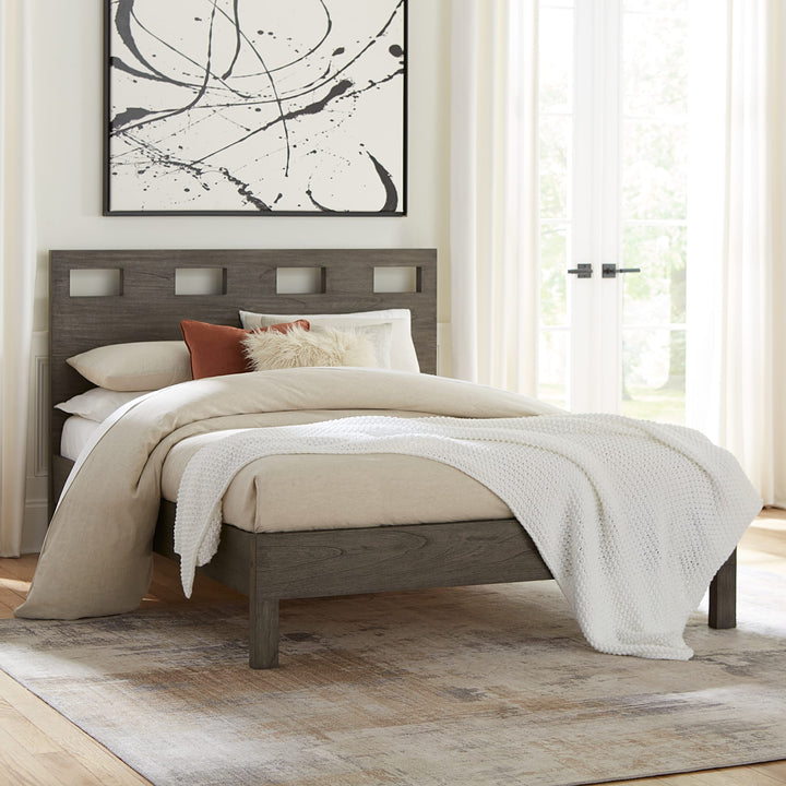 Riva Wood Bed in Sharkskin styled in a bedroom