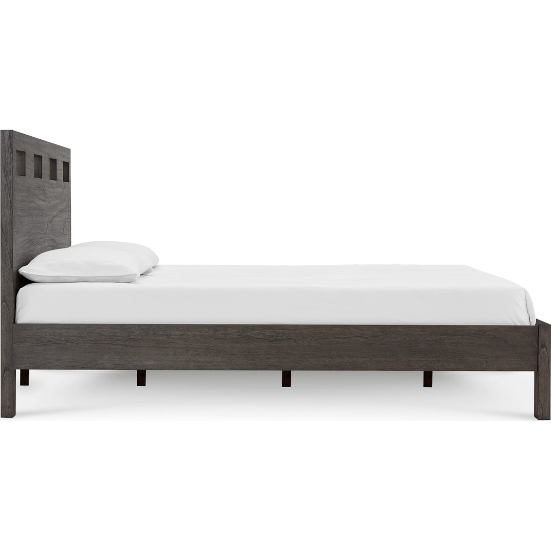 Riva Wood Bed in Sharkskin — white background, side profile
