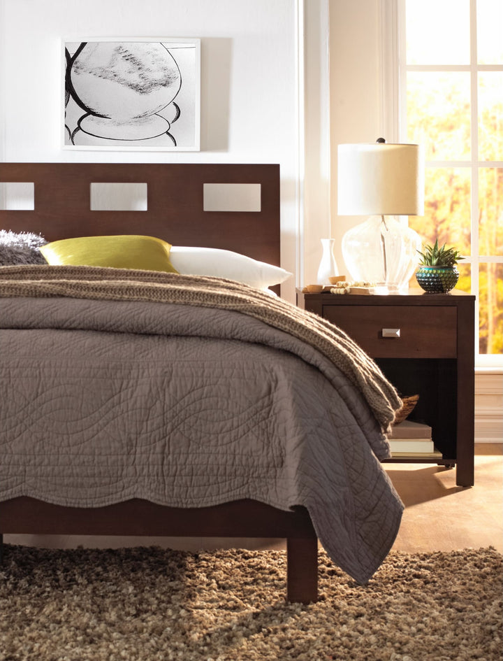 Riva Wood Platform Bed in Chocolate Brown styled in a bedroom