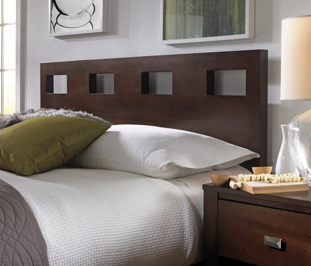 Riva Wood Platform Bed in Chocolate Brown styled in a bedroom