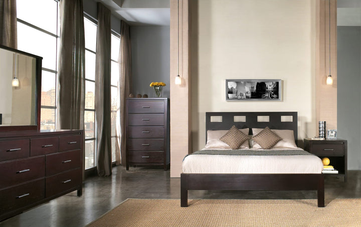 Riva Wood Platform Bed in Espresso styled in a bedroom