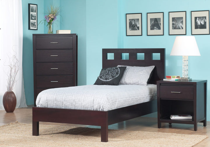 Riva Wood Platform Bed in Espresso styled in a bedroom