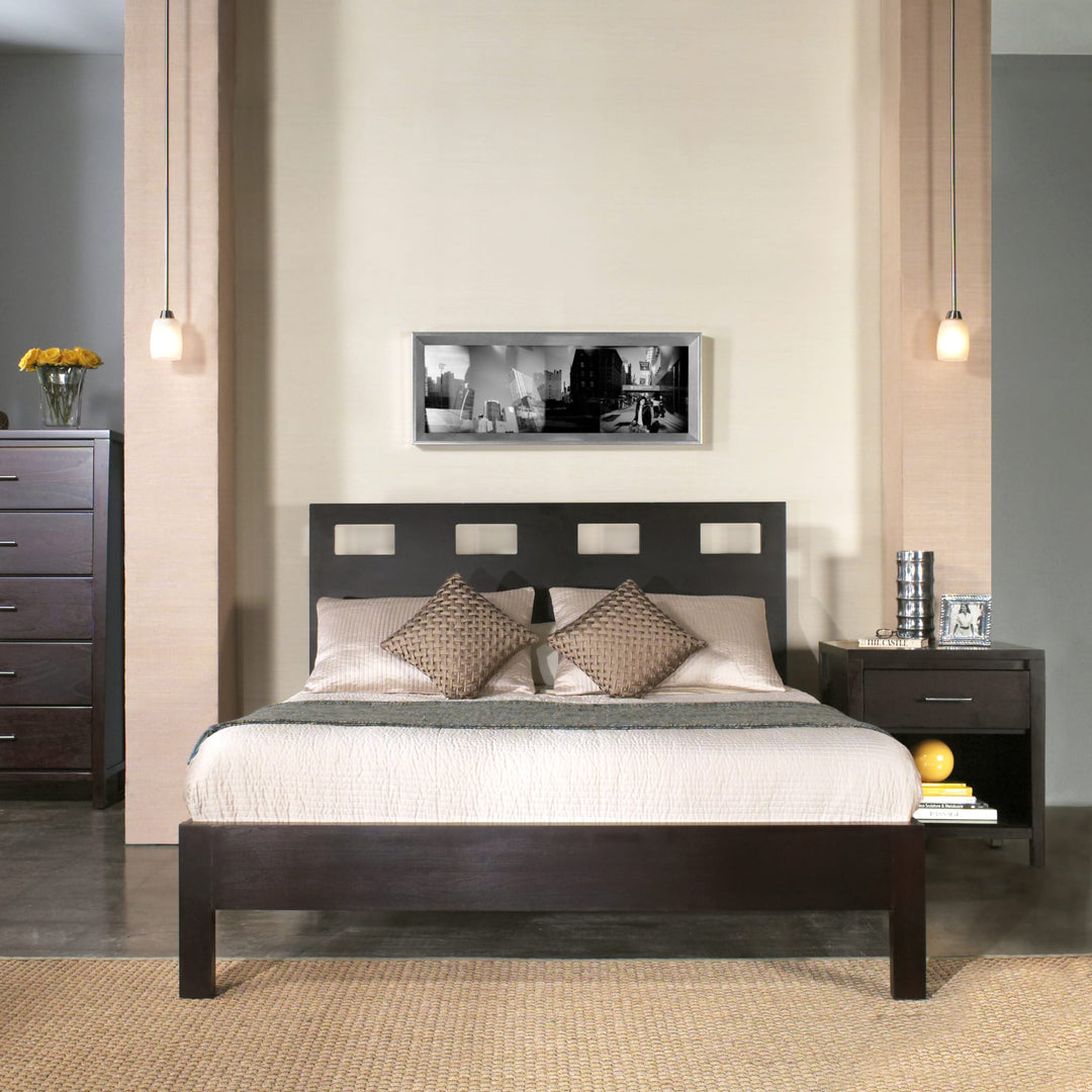 Riva Wood Platform Bed in Espresso styled in a bedroom