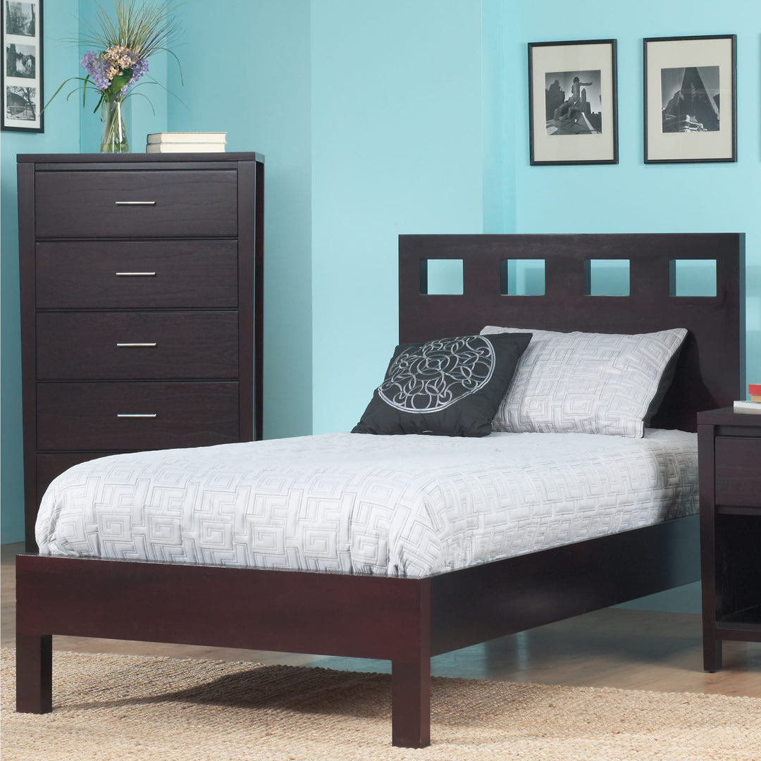 Riva Wood Platform Bed in Espresso styled in a bedroom