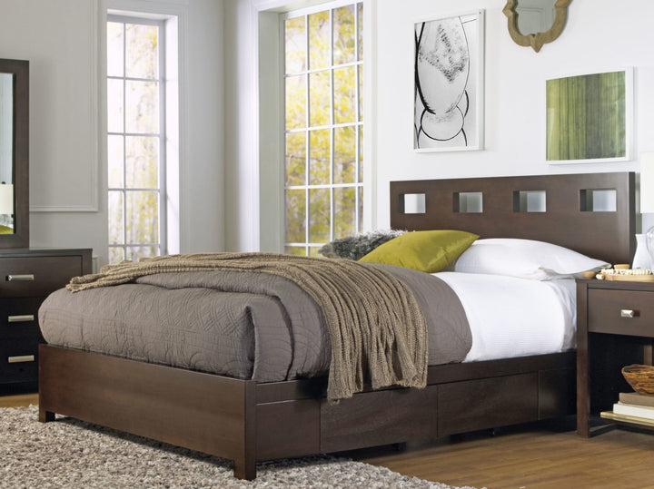 Riva Wood Storage Bed in Chocolate Brown styled in a bedroom