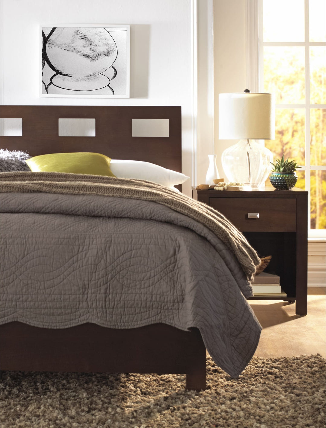 Riva Wood Storage Bed in Chocolate Brown styled in a bedroom