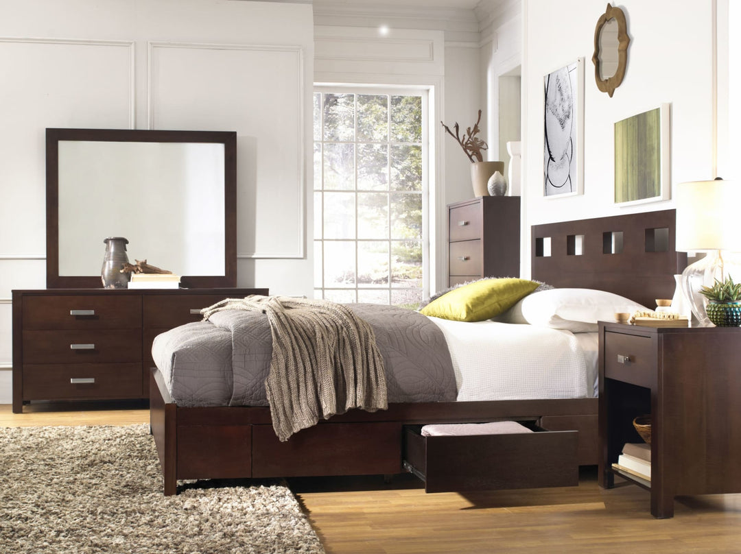 Riva Wood Storage Bed in Chocolate Brown styled in a bedroom