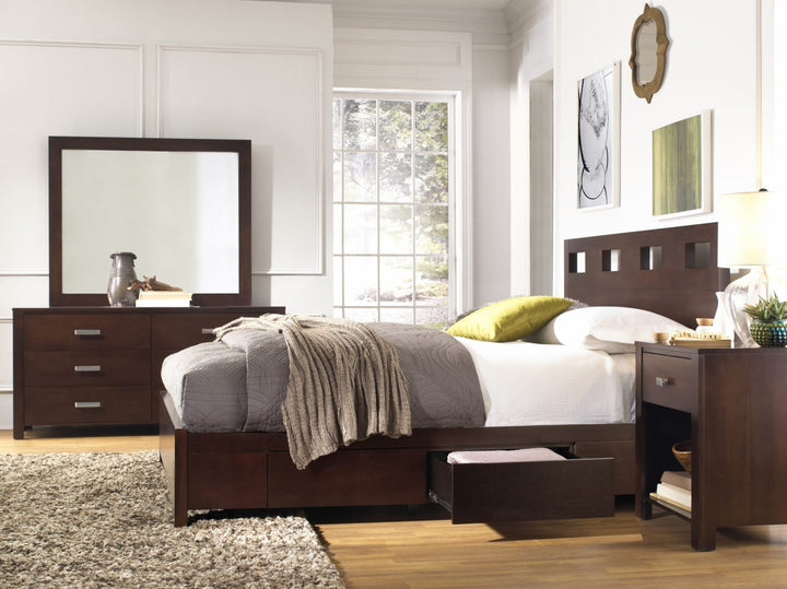 Riva Wood Storage Bed in Chocolate Brown styled in a bedroom