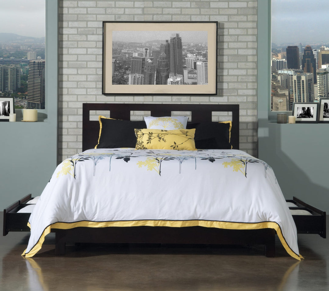 Riva Wood Storage Bed in Espresso styled in a bedroom