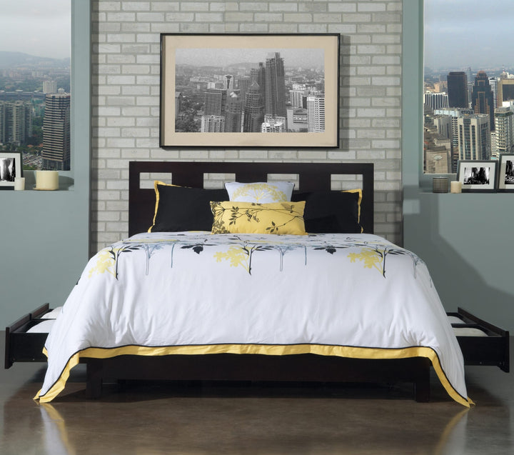 Riva Wood Storage Bed in Espresso styled in a bedroom