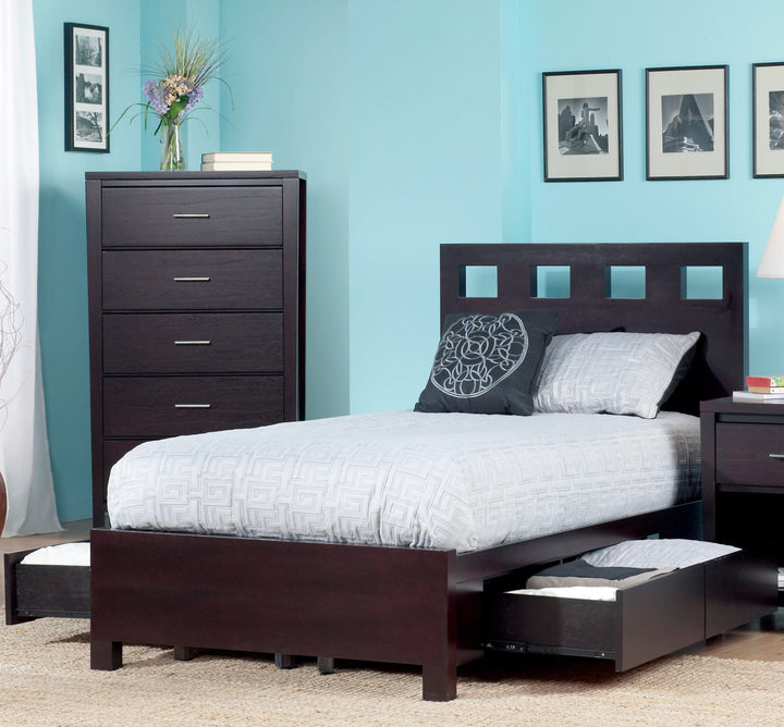 Riva Wood Storage Bed in Espresso styled in a bedroom