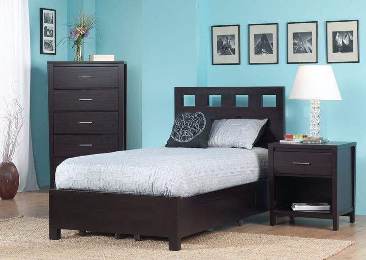 Riva Wood Storage Bed in Espresso styled in a bedroom
