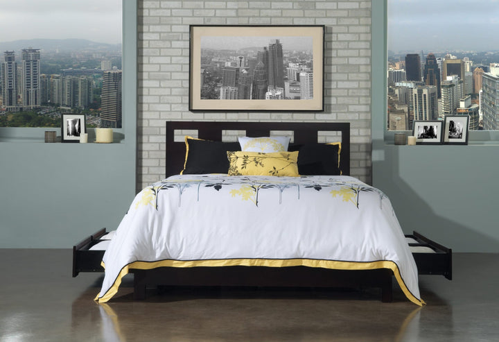 Riva Wood Storage Bed in Espresso styled in a bedroom