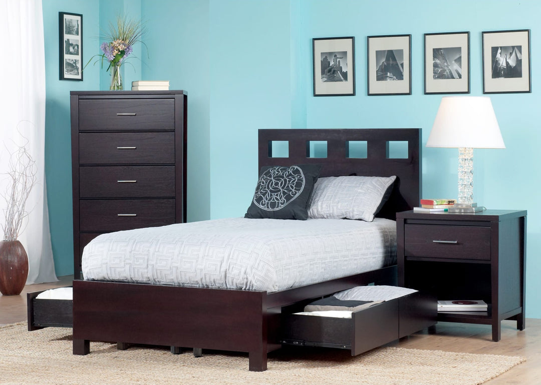 Riva Wood Storage Bed in Espresso styled in a bedroom