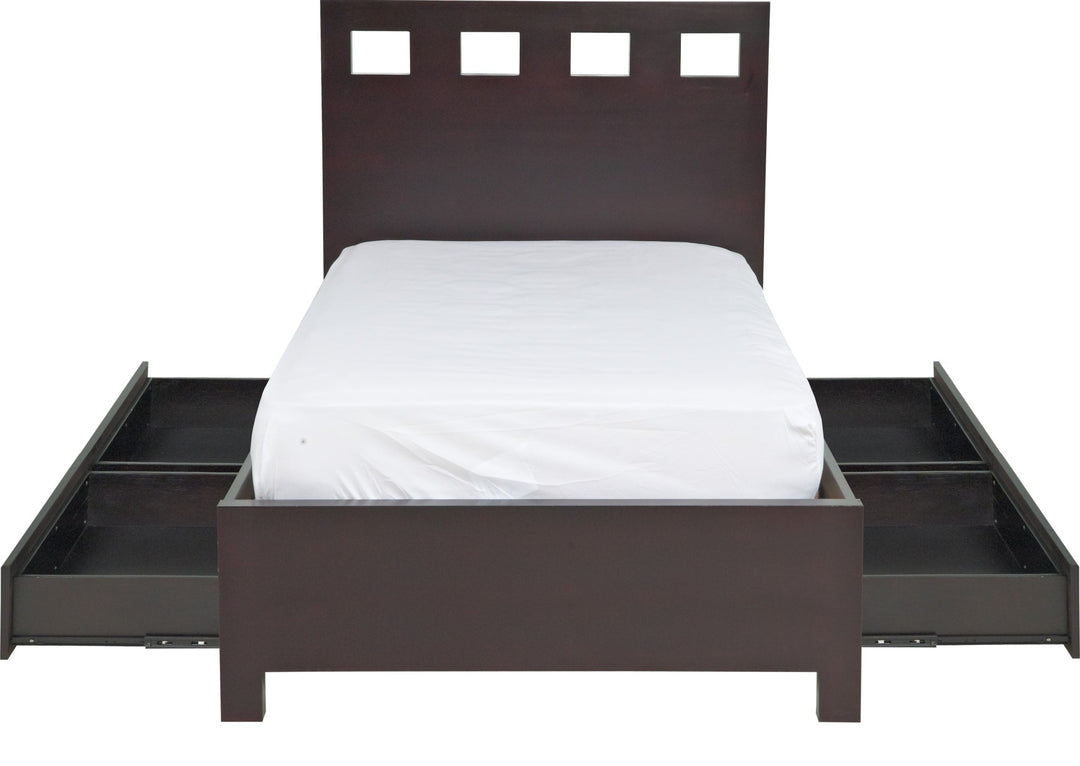 Riva Wood Storage Bed in Espresso — front view with storage drawers open