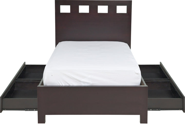 Riva Wood Storage Bed in Espresso — front view with storage drawers open