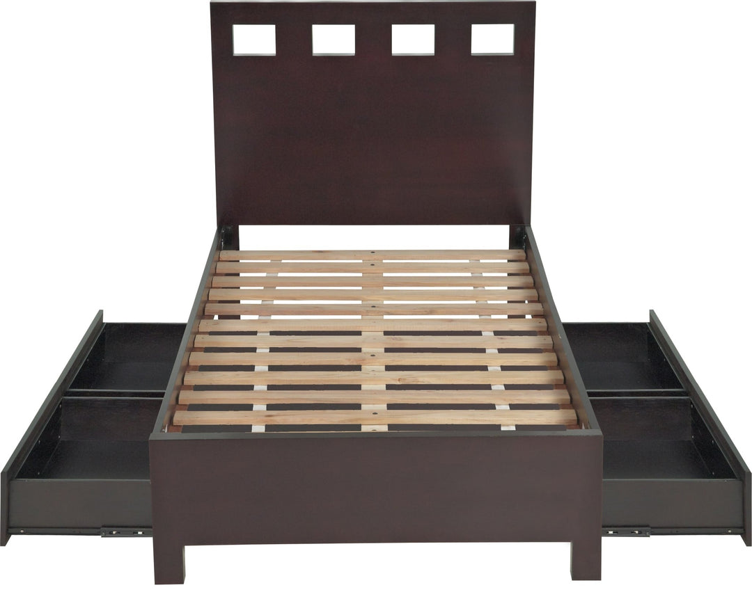 Riva Wood Storage Bed in Espresso — front view without mattress, drawers open