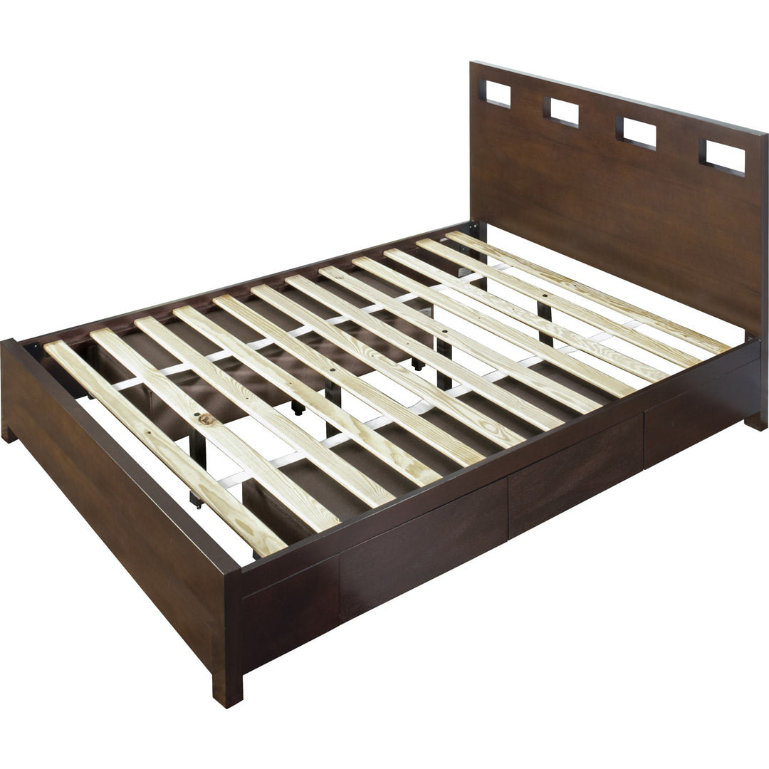 Riva Wood Storage Bed in Chocolate Brown — without mattress, showing slat platform