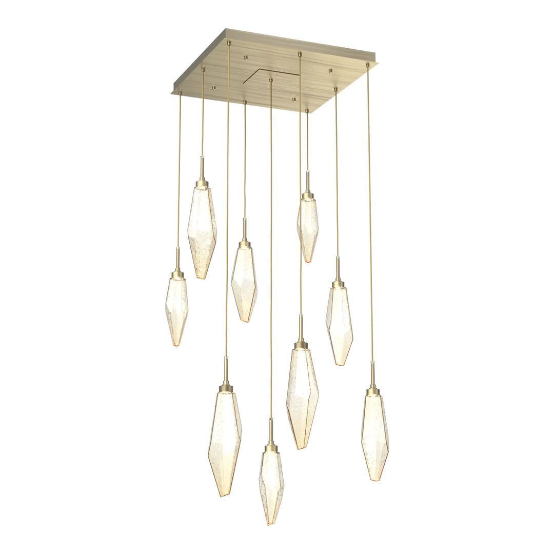 Rock Crystal Square Pendant Chandelier by Hammerton Studio in Heritage Brass