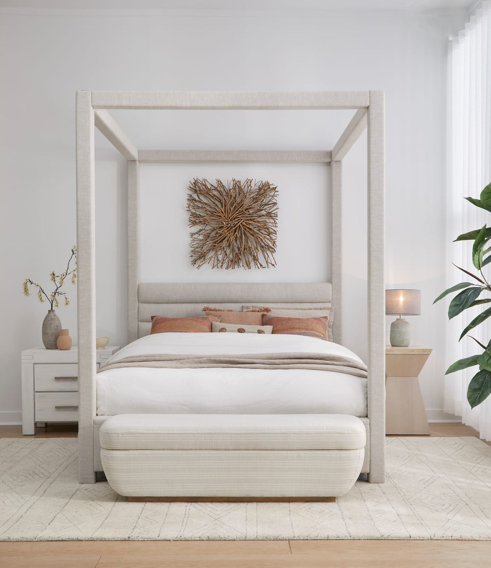 Rockford Upholstered Canopy Bed in Turtle Dove Linen styled in a bedroom